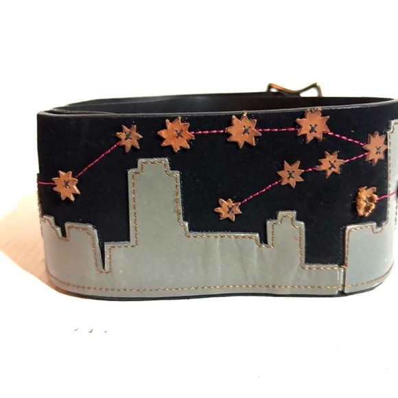Anthropologie Black leather & suede Belt with Pink and Gold Accents